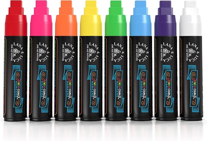 LANA & LUCA Jumbo Liquid Chalk Markers Square Tip - Bold Color Chalk Board Marker for Chalkboards, Windows, Signs, Blackboards - 15mm Tip (8 Pack)