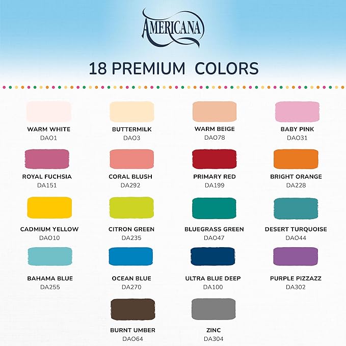 DecoArt Americana Acrylic Paint Set – Popular Colors, 18 Bottles (2 fl oz) – Art and Craft Acrylic Paints for Canvas, Wood, and More
