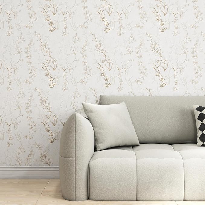 Timeet Botanical Floral Peel and Stick Wallpaper Beige Wildflower Self Adhesive Wall Paper Removable Plant Vine Wallpaper Contact Paper for Living Room Bedroom Accent Decor 17.7" x 393.7"