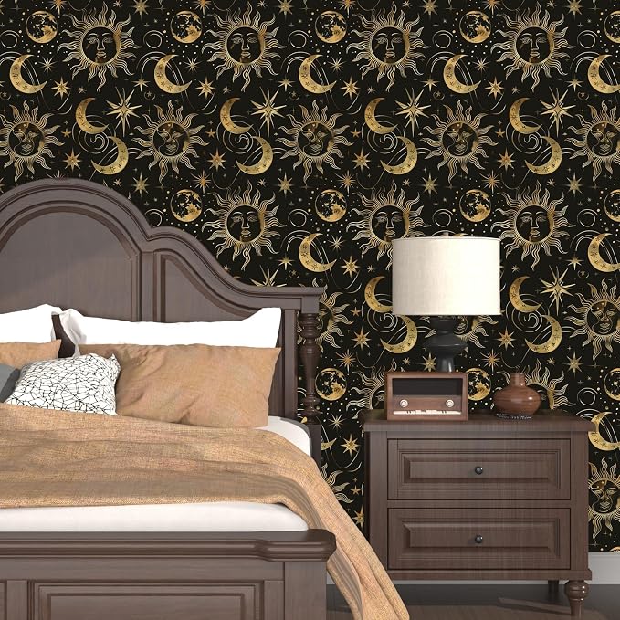 Laatse Black Peel and Stick Removable Vintage Wallpaper Gold Celestial Sun Moon Star Contact Paper 17.5" x 118" Dark Boho Mural Waterproof for Wall Bedroom Kitchen Bathroom Cabinet Room Decor