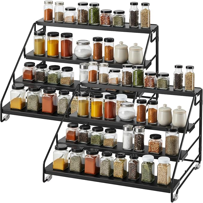 2 Pcs Foldable 4-Tier Metal Spice Rack Organizer, Sturdy and Space-Saving Shelf, 13.2 x 10.1 x 8.3 in, Simple to Assemble, Rust-inhibiting Finish for Countertop & Pantry Storage