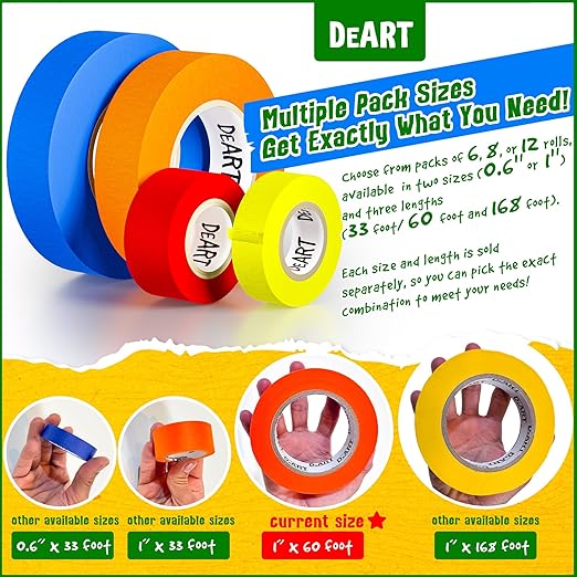 DEART Colored Masking Tape Painters Tape Writable 12, 8 or 6 Pack - 1 inch or 0.6 Inches for Arts & Crafts, Art Supplies, Whiteboard Tape Dry Erase Board Tape Craft Supplies (6, Large (20 Yd))