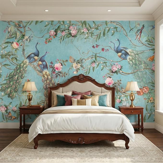 MFWFM Chinoiserie Peel and Stick Wallpaper Blue Peacock Wall Murals | 137"x96", for Bedroom Living Room Bathroom, Self Adhesive Canvas