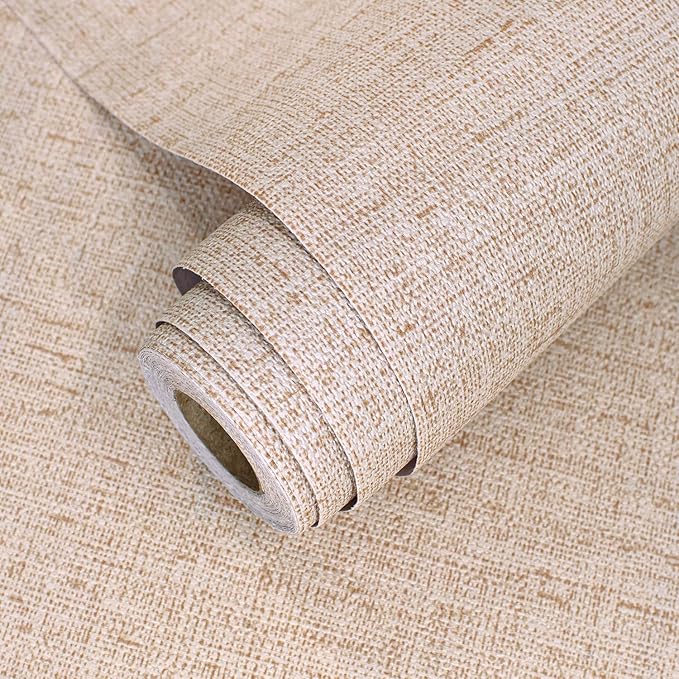 Beige Grasscloth Peel and Stick Wallpaper Textured 15.7in x 78.7in | Faux Linen Wallpaper Peel and Stick Vintage Grasscloth Contact Paper Self Adhesive Removable Contact Paper for Bedroom Vinyl