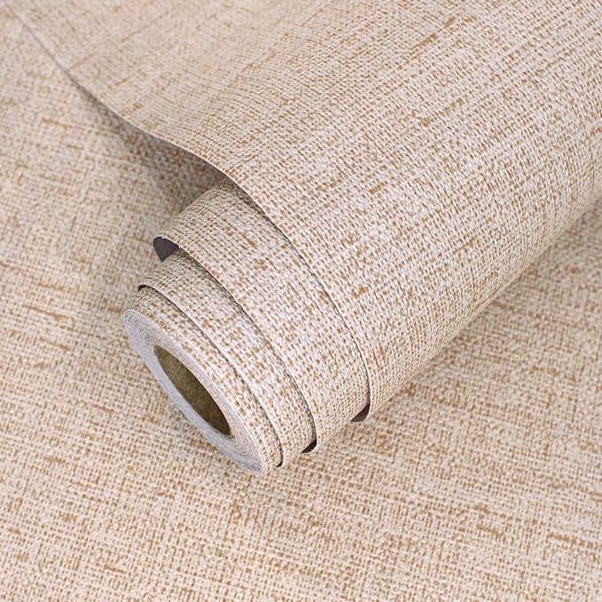 Beige Grasscloth Peel and Stick Wallpaper Textured 15.7in x 157.4in | Faux Linen Wallpaper Peel and Stick Vintage Grasscloth Contact Paper Self Adhesive Removable Contact Paper for Bedroom Vinyl
