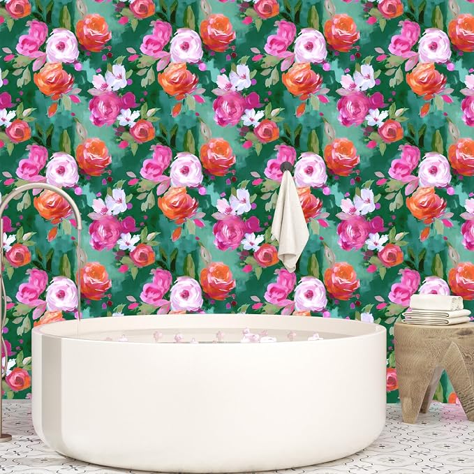 BOKEBEVE Floral Wallpaper Peel and Stick Boho Bright Green 17.5 x 393.5In | Extra Long Removable Renter Friendly Colorful Watercolor Wall Paper for Bedroom Bathroom Living Room Feature Accent Wall