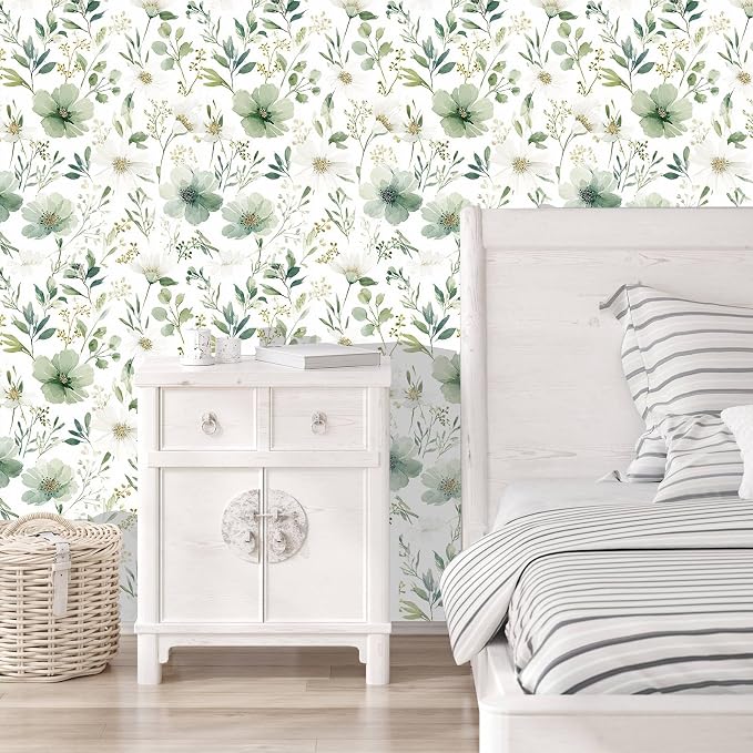 Sage Green Floral Peel and Stick Wallpaper 17.7" x 118" | Thick removable watercolor natural flower design for renters and bedroom accent walls