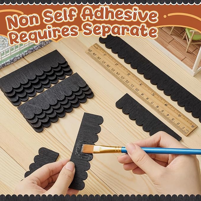 Wenqik 100 Strips Dollhouse Roof Shingles 4.25 x 1.14 Inches Each Mini Fish Scale Wooden Dollhouse Miniature Roofing for 1: 12 Scale Doll House Projects DIY Miniature Landscapes (Black)