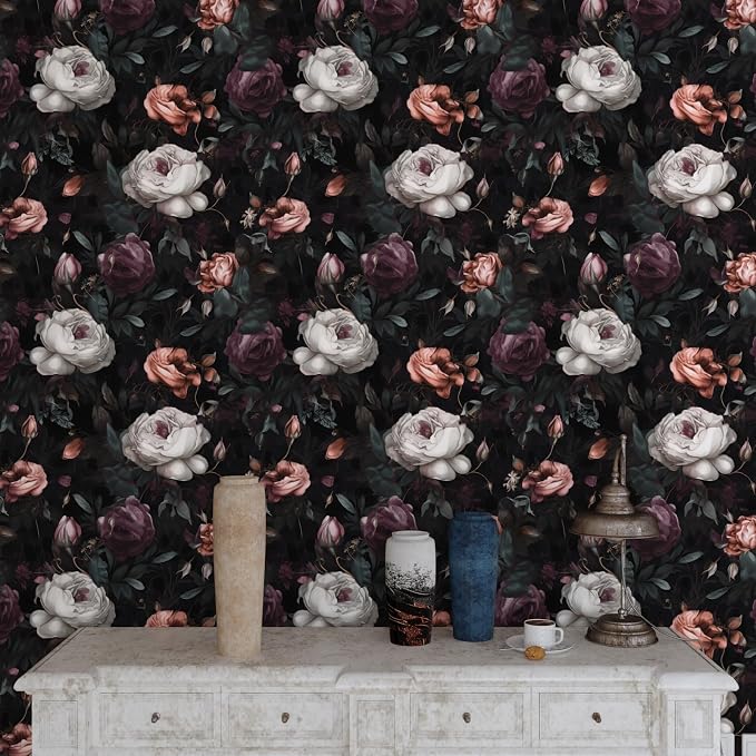 Gothic Dark Purple Rose Floral Wallpaper Peel and Stick 17.5"x118" | Self Adhesive/Removable/Waterproof/Thick Vinyl Vintage Contact Paper for Bathroom Bedroom Shelf Cabinet Drawer,Prepasted