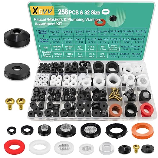 XBVV 32 Size 258 PC Faucet and Plumbing Rubber Washers Assortment Kit for Assorted Garden Hose Valve Spigot Adapter Splitter Outdoor Faucet Bibb Shower Hose Gasket Repair