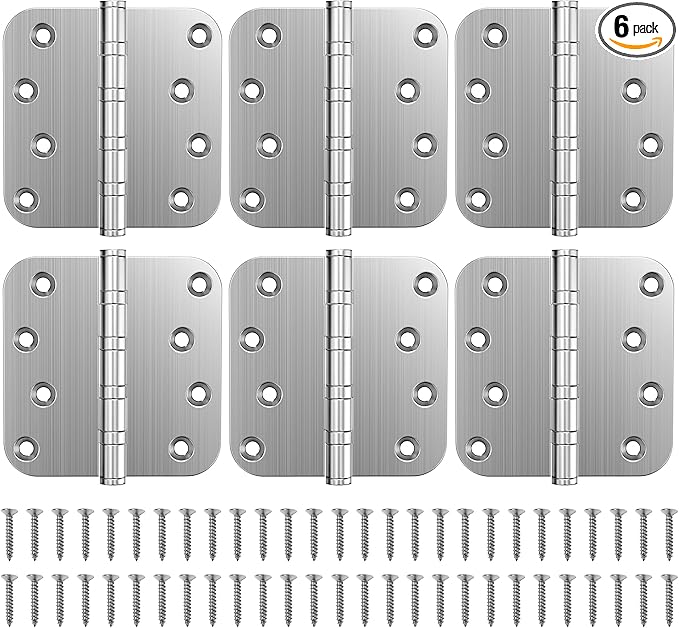 KOLET Ball Bearing Door Hinges, 4 x 4 Inches Door Hinges, 5/8'' Radius Corner Hinges, Heavy Duty Stainless Steel, Smooth and Quiet, Non Removable Pin, Brushed Nickel, 6 Pack
