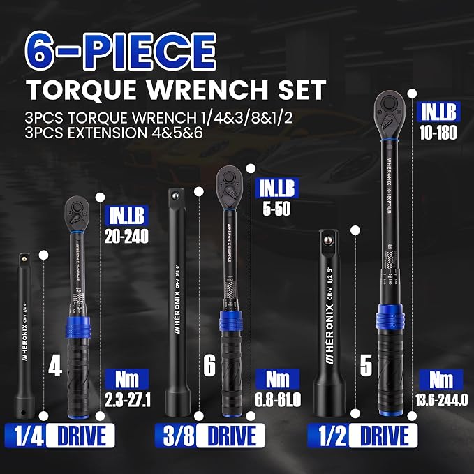 6PCS Click Torque Wrench Set, 1/4" 3/8" 1/2" Drive (20-240 in.lb, 5-50 ft.lb, 10-180 ft.lb), 72-Tooth Ratchet with 4", 5", 6" Extension Bars for Auto, Bicycle & Motorcycle Maintenance