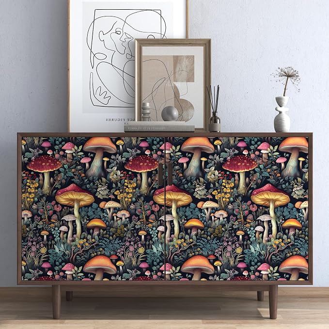 BOKEBEVE Mushoroom Wallpaper Peel and Stick Boho Black Red 17.5 x787In | Super Long Removable Renter Friendly Vintage Floral Wall Paper for Bedroom Bathroom Living Room Feature Accent Wall