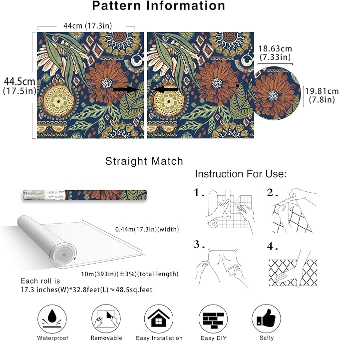 HAOKHOME Peel and Stick Wallpaper Boho Retro Floral Wall Paper Navy Orange Oliva for Bedroom Kitchen Accent Wall 17.3in x 32.8ft