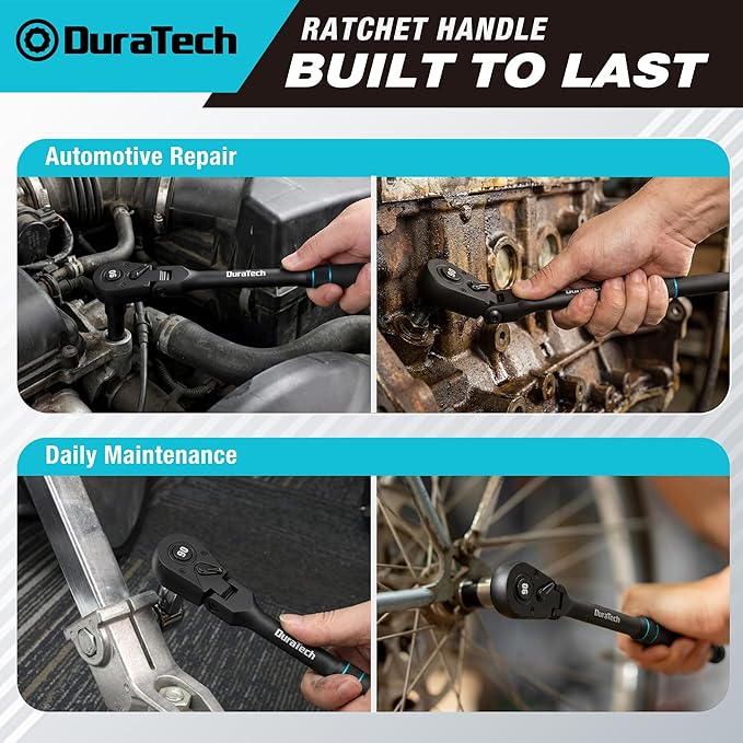 DURATECH 1/2-Inch Flex-Head Ratchet, 90-Tooth Quick-Release Ratchet Wrench | Socket Wrench with 180° Pivoting Head and 7-Position Setting, Reversible, CR-V Made, CR-MO Head, Black Mn Phosphate Finish
