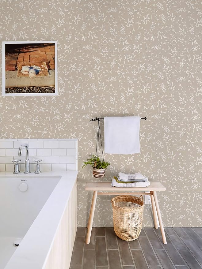 Ismoon Floral Wallpaper Peel and Stick Brown Neutral Contact Paper Wildflowers Leaf Stick on Wall Paper Textured Removable Self Adhesive Vinyl Wallpaper for Bedroom Bahtroom Wall Decor 17.3x393in