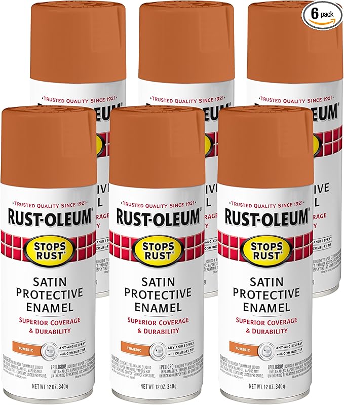Rust-Oleum 369193-6PK Stops Rust Spray Paint, 12 oz, Satin Turmeric, 6 Pack