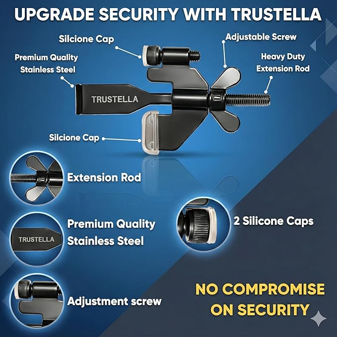 Original Trustella Heavy-Duty Portable Door Lock with Stainless Steel Build. Perfect for Home, Travel, Hotels, and Apartments for Inward-Opening Doors with a 2 mm Gap. (Silver/Black)