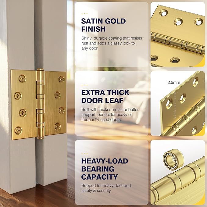 KOLET Ball Bearing Gold Door Hinges, 4 x 4 Inches Square Door Hinges Satin Gold, Square Corner, Stainless Steel Hinges, Heavy Duty, Smooth and Non Removable Pin, 6 Pack