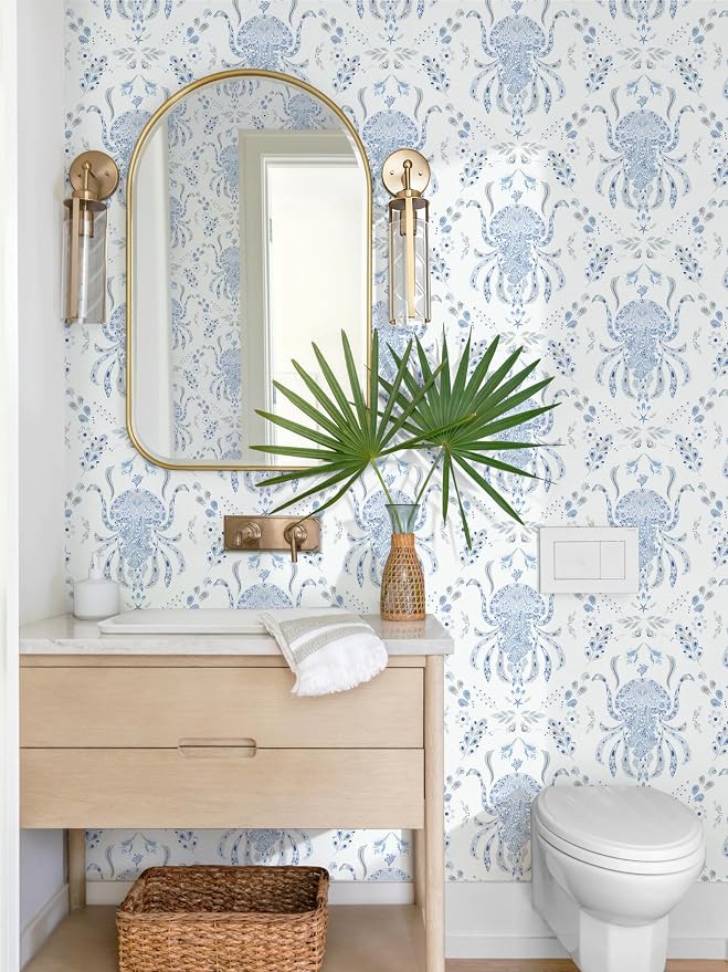 Dimoon Blue Peel and Stick Wallpaper Coastal Contact Paper Bathroom Ocean Beach Wallpaper Boho Jellyfish Renter Friendly Nautical Waterproof for Nursery Kitchen Bedroom Vinyl 17.3''x394''