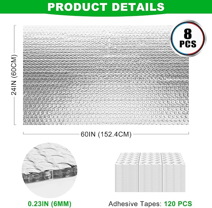8P Garage Door Insulation Kit Panels 6MM 10x8FT for Single Garage Door, Pre-Cut Bubble Reflective Aluminum Foil Sheet 120 Tape, DIY Install Temperature Control Block Summer Heat & Winter Cold (24x60)