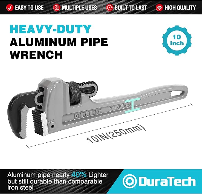 DURATECH 10-inch Aluminum Straight Pipe Wrench, Adjustable Plumbing Wrench | Heavy Duty,Drop Forged, Exceed GGG standard