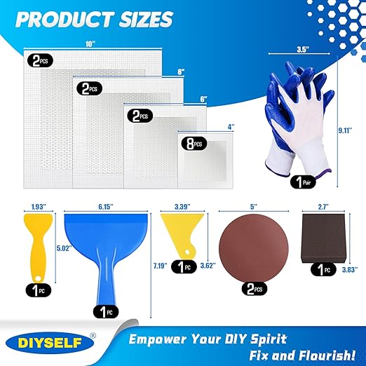 DIYSELF Drywall Patch, 21 PCS Drywall Repair Kit with 2×10", 2×8", 2×6", 8×4" Self-Adhesive Mesh Patches, Putty Scraper, Sanding Pads & Sponge, Dry Wall Patch Kit for Bathroom, Nail Holes, Outlets