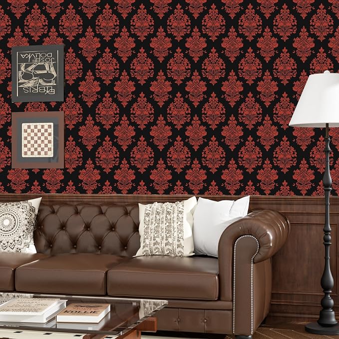 BOKEBEVE Vintage Floral Wallpaper Peel and Stick Burgundy Red 17.5 x 118In | Renter Friendly Contact Paper Self Adhesive Removable Wall Paper for Feature Wall Bedroom Bathroom Halloween Decor