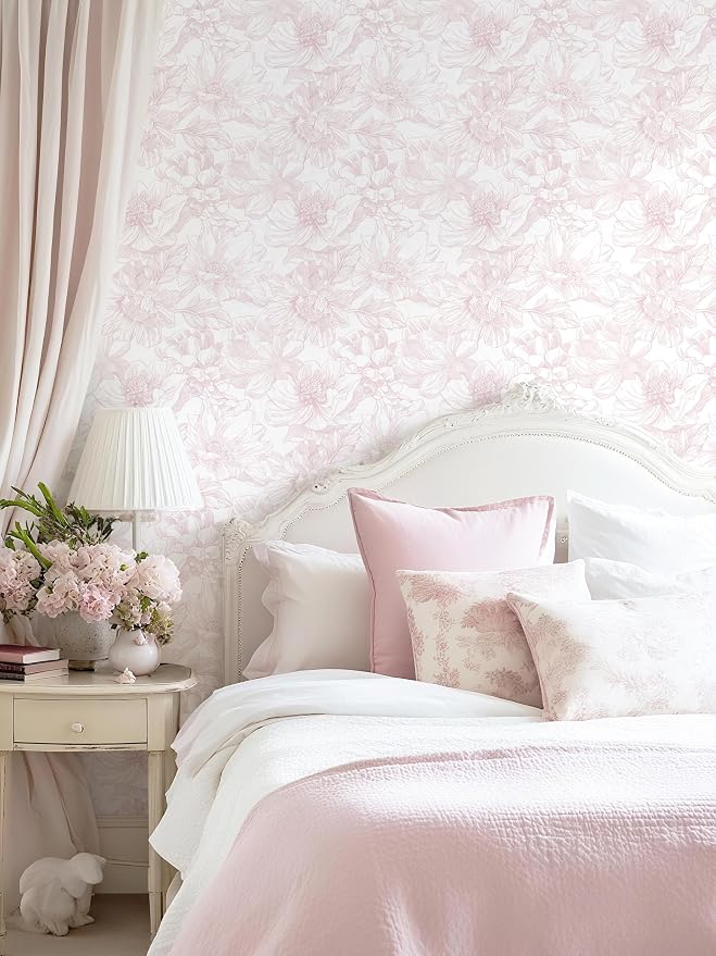 393"x17.3" Peel and Stick Wallpaper Floral Contact Paper Boho White Pink Flower Wallpaper Removable Wall Paper Self Adhesive Modern for Cabinets Drawers Bedroom Thicken Vinyl