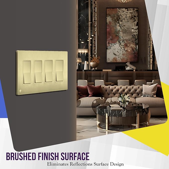 ENERLITES Elite Series Screwless Decorator Wall Plate Child Safe Outlet Cover, Gloss Finish, Size 4-Gang 4.68" H x 8.30" L, Unbreakable Polycarbonate Thermoplastic, SI8834-BGD, Brushed Gold