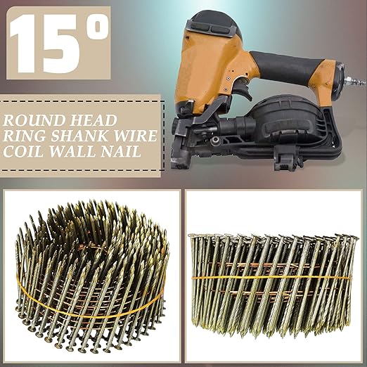 Hotop 3600 Count Siding Nails, 15-degree Wire Collated Coil Siding Nails, Full Round Head Mild Steel Nail for Sheathing Decking Fencing Attachment Replacement Parts(1 1/2 Inch)