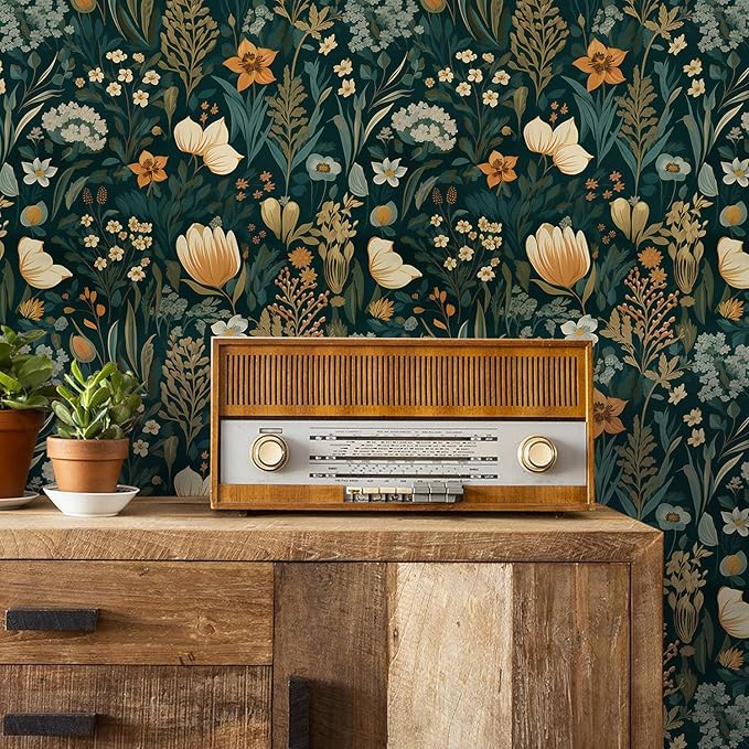 Orainege Vintage Floral Peel and Stick Wallpaper Boho Floral Contact Paper 17.3in x118.1in Flower Wallpaper Peel and Stick Flower Self Adhesive Wall Paper for Bedroom Removable Decorative