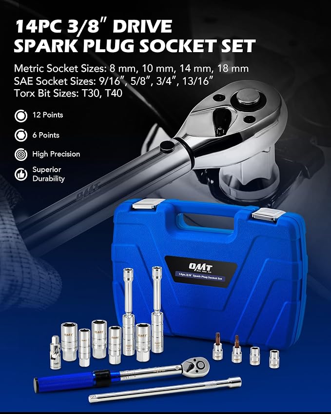 OMT 14pc Spark Plug Socket Set, 3/8" Drive 5-45 Ft.Lb Torque Wrench | 360° Magnetic Swivel Removal Tool; 72-Tooth Ratchet; 12-Point; 3% Tolerance; Torque Bits, Universal Joint, 10" Extension Bar