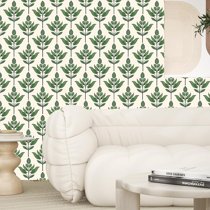 BOKEBEVE Super Long Boho Leaf Wallpaepr Peel Stick Green Beige 17.5 x 787In | Leaves Contact Paper Boho Wallpaper for Accent Wall Bedroom Bathroom Drawer Modern Waterproof Removable