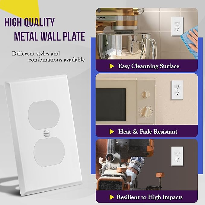 ENERLITES Duplex Receptacle Metal Wall Plate, Outlet Cover, Corrosion Resistant, Standard Size 1-Gang 4.50" x 2.76", Powder Coated Stamped Steel, 7721-WM, White Matte