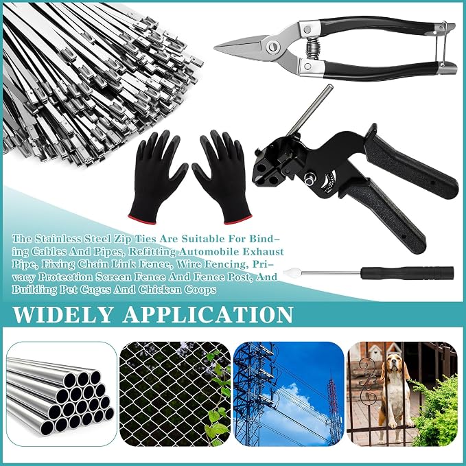 LEIFIDE Stainless Steel Cable Tie Gun Set 200 Pcs 11.8 Inch Heavy Duty Metal Zip Tie Adjustable Fastening Cutting Tool for Outdoor Exhaust Wrapping Fence Workshop(Silver, Black)