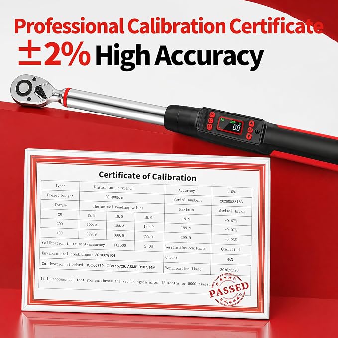 1/2 Inch Digital Torque Wrench,14.7-295 Ft-lb (20-400Nm) ±2% High Precision Electronic Torque Wrench, Dual Mode, Triple Alert, 72-Tooth Ratchet, Heavy Duty for Auto Truck Mechanical Repair