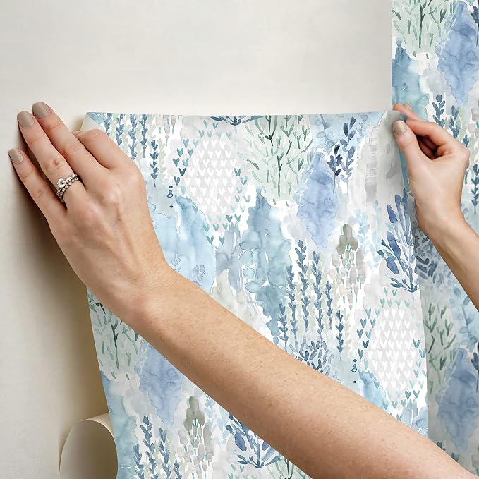 RoomMates RMK12330PLW Blue Watercolor Tree Mosaic Peel and Stick Wallpaper