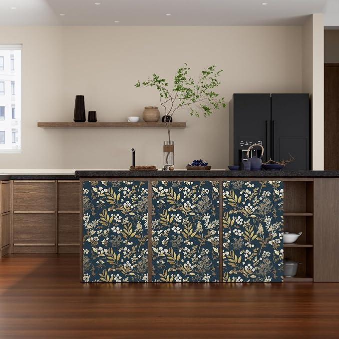 Vintage Dark Blue Floral Boho Peel and Stick Wallpaper 17.5"x787" | Self Adhesive/Removable/Waterproof/Thick Vinyl Extra Long Contact Paper for Bathroom Bedroom Shelf Cabinet Drawer,Prepasted