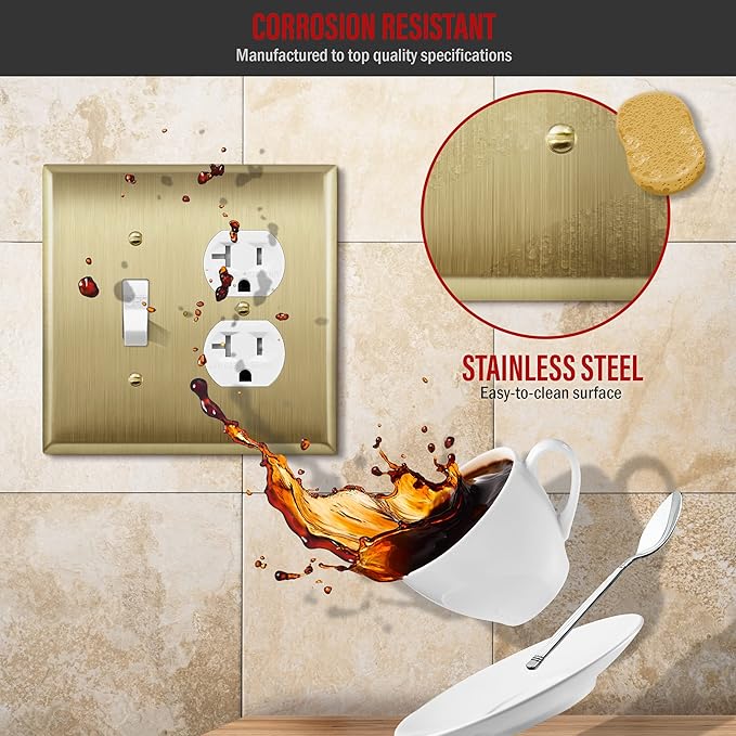 ENERLITES Combination Toggle Switch and Duplex Receptacle Metal Wall Plate, Stainless Steel 201 Outlet Cover, Corrosion-Resistant, Mid-Size 2-Gang 4.88" x 4.92", 771121M-BB, Brushed Brass