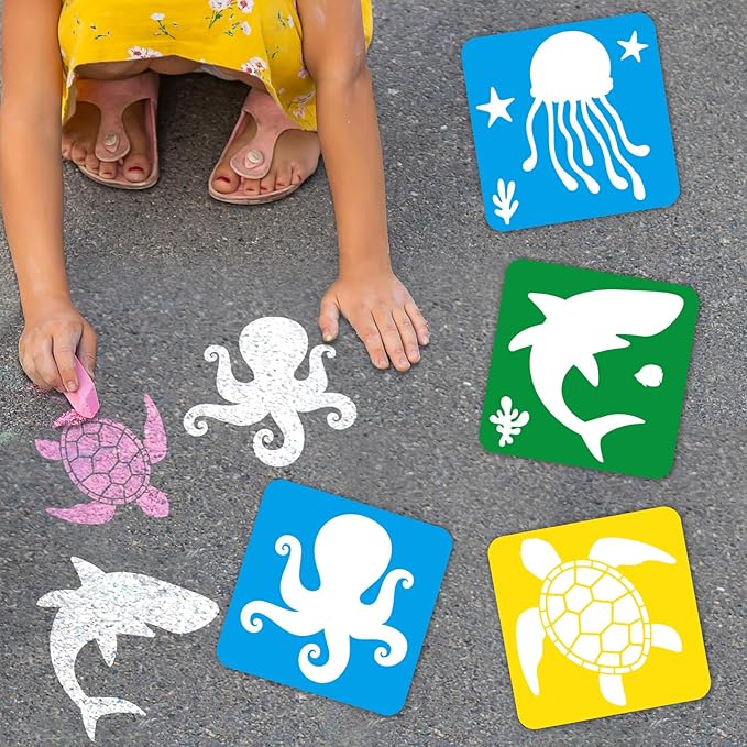 36pcs Ocean Animal Drawing Stencils for Kids 8 Inch Sidewalk Chalk Stencils Painting Large Washable Reusable Sea Animal Themed Primary Shape Template for Kids Toddlers Preschool