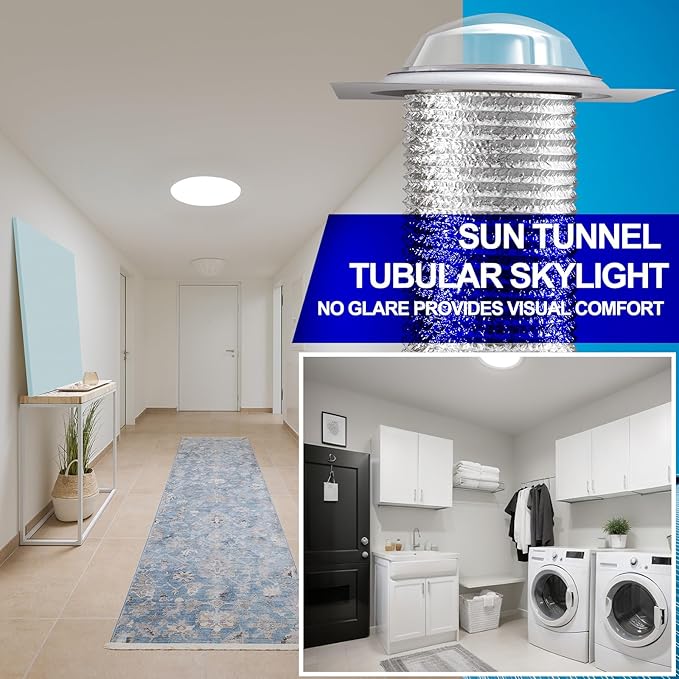 16 Inch Solar Tube Skylight, Tubular Daylight Roof Light with Acrylic Dome & Low-Profile Flashing, Flexible Reflective Tube for Bedroom, Hallway, Living Room & Interior Lighting