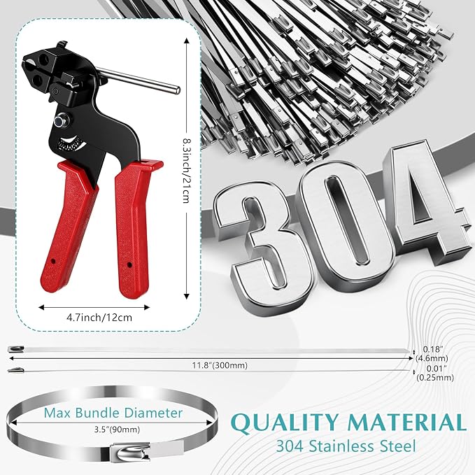 LEIFIDE Stainless Steel Cable Tie Gun Set 200 Pcs 11.8 Inch Heavy Duty Metal Zip Tie Adjustable Fastening Cutting Tool for Outdoor Exhaust Wrapping Fence Workshop(Silver, Red)