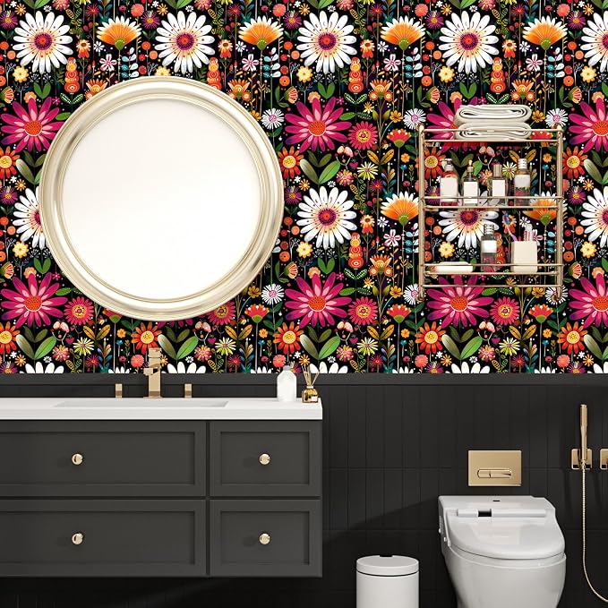 BOKEBEVE Floral Wallpaper Peel and Stick Boho Pink Colorful 17.5 x 393.5In | Extra Long Removable Renter Friendly Vintage Floral Wall Paper for Bedroom Bathroom Cabinet Drawer Feature Accent Wall