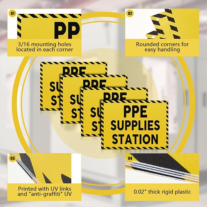 Yaocom 4 Pcs PPE Supplies Station Sign 10" x 7" Plastic Sign for Workplace with Mounting Holes Indoor Outdoor Construction, Yellow with Black Prints