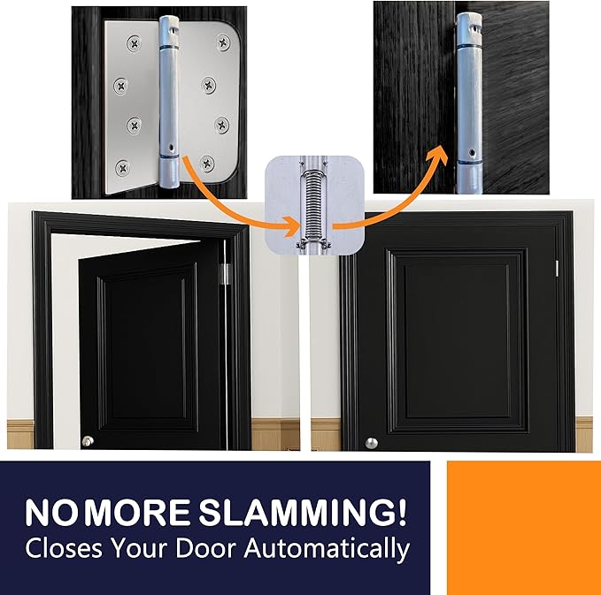 A1 ProGuard - Self Closing Spring Loaded Hinges, 4 Inch, Adjustable Tension for Garage, Front, Back Door,Door Closer Hinge, Left/Right Hand, 5/8'' Radius and Square Corners, Brushed Nickel, 3 Pack