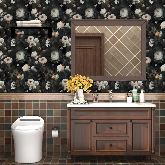 Fvlow Black White Floral Peel and Stick Wallpaper 17.4" x 118" | Renter Friendly, Removable & Waterproof, Vinyl Easy Install for Bedrooms, Bathrooms, Kitchens, Cabinets and Home Decor