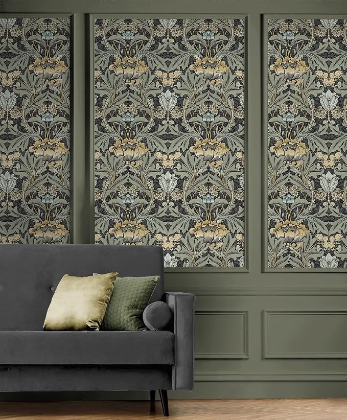 NextWall Acanthus Floral Peel and Stick Wallpaper (Charocal & Goldenrod)