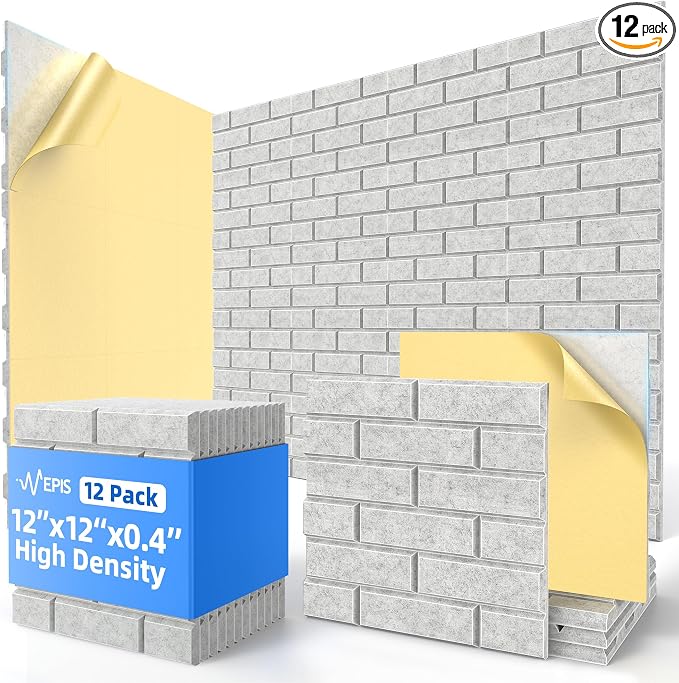 12 Pack Acoustic Panels with Self Adhesive Sound Proof Foam Panels for Wall | 12" X 12" X 0.4" High Density Soundproof Wall Panels, Brick Sound Absorbing Panels for Home Studio Office Decor - Gray