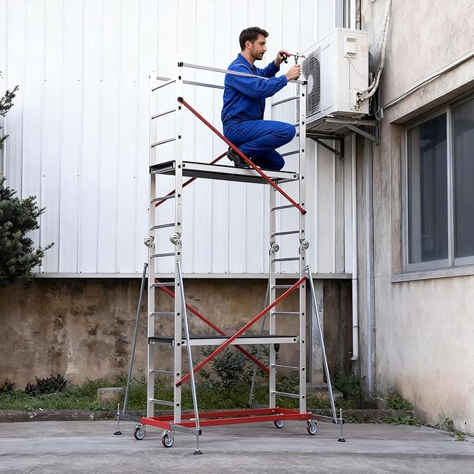APARECIUM 18‘ Aluminum Scaffold Tower, Multipurpose Rolling Scaffolding Work Platform, Utility Scaffolding Tower, Adjustable Work Platform with Hatch Deck and Guard Rail, 500 Lbs Duty Rate